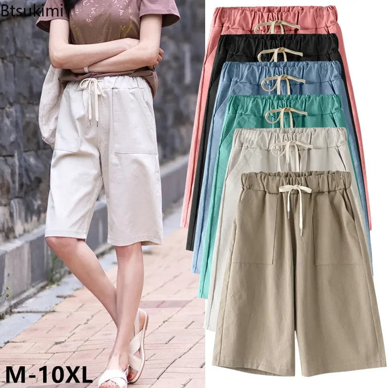 

New Plus Size Women's Summer Casual Shorts Solid Woman Elastic Waist Loose Knee Length Pants for Women Streetwear Pockets Shorts