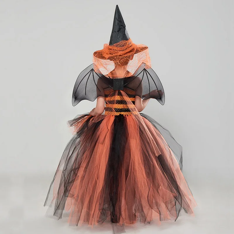 Halloween Carnaval Feest Heks Kostuum Voor Meisjes Kinderen Sprookje Cosplay Outfit Tutu Jurk Met Bezem Hoed Deluxe Set