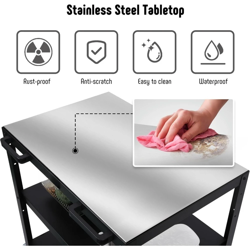 جودة عالية - طاولة فرن بيتزا كبيرة متحركة بثلاثة أرفف للاستخدام الخارجي، عربة شواء من الفولاذ المقاوم للصدأ مقاس 36 × 24 بوصة مع عجلات #5