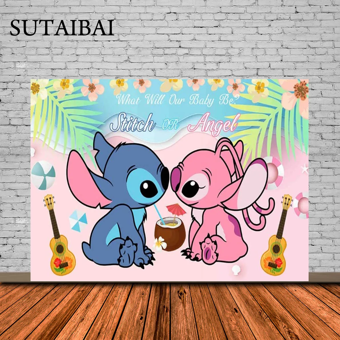 Stitch and Angel Gender Reveal Backdrop for Baby Shower Summer Tropical Hawaiian Beach Party Decorations Supplies Banner