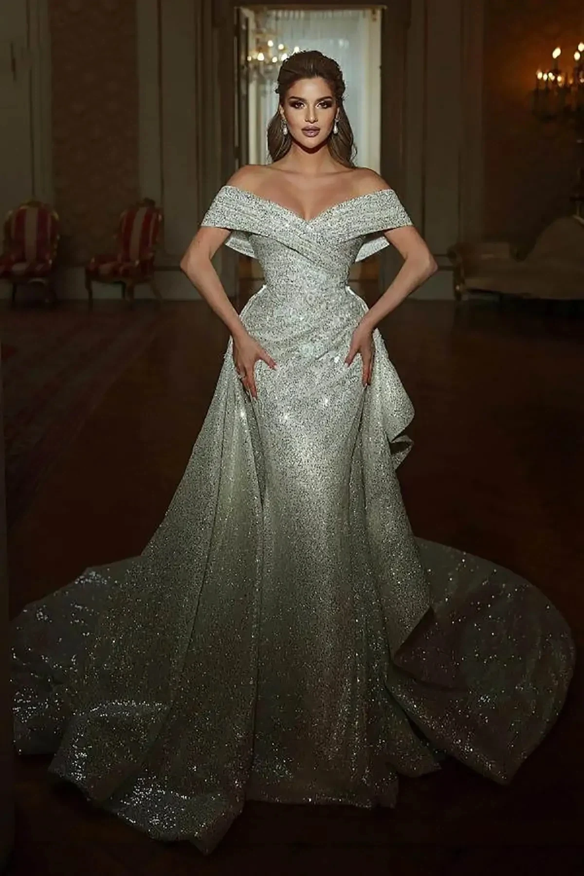Elegant Mermaid Shining Women's Wedding Dress Sexy Off Shoulder Cuff Free Detachable Skirt Ball Party Bridal Dress Customized