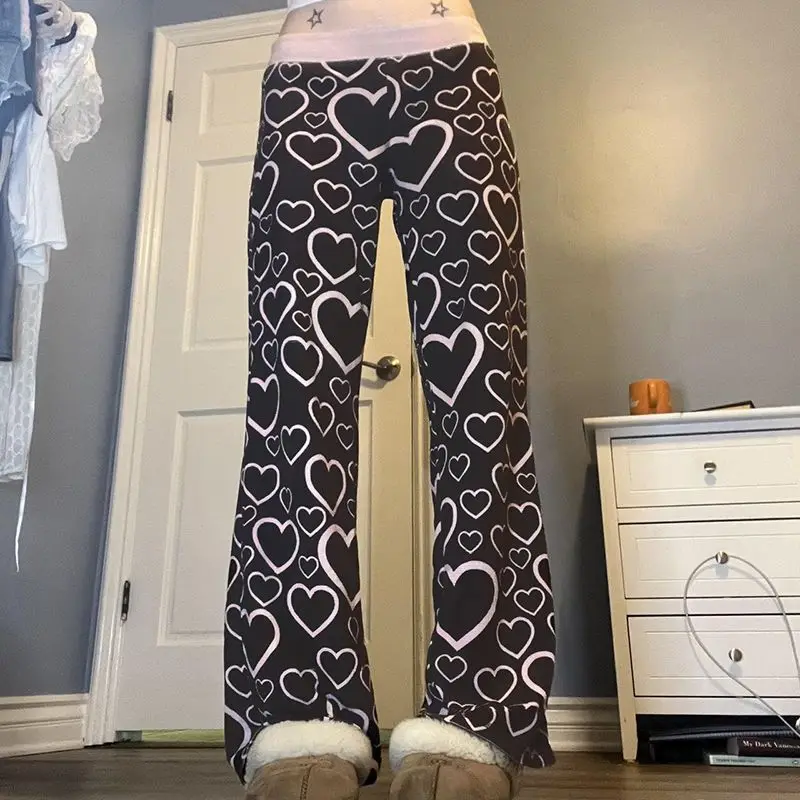 Contrasting-color Heart-print Loose Slimming Low-rise Girl's Pants for Autumn