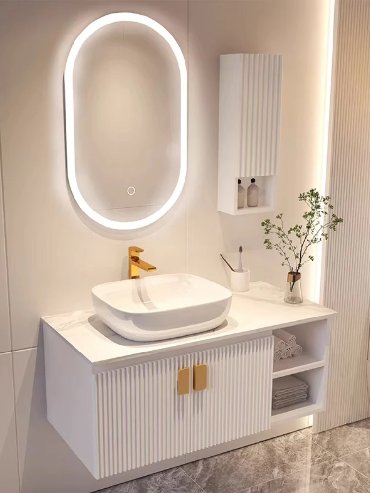 

Rock slab platform basin bathroom cabinet combination modern simple light luxury smart bathroom set