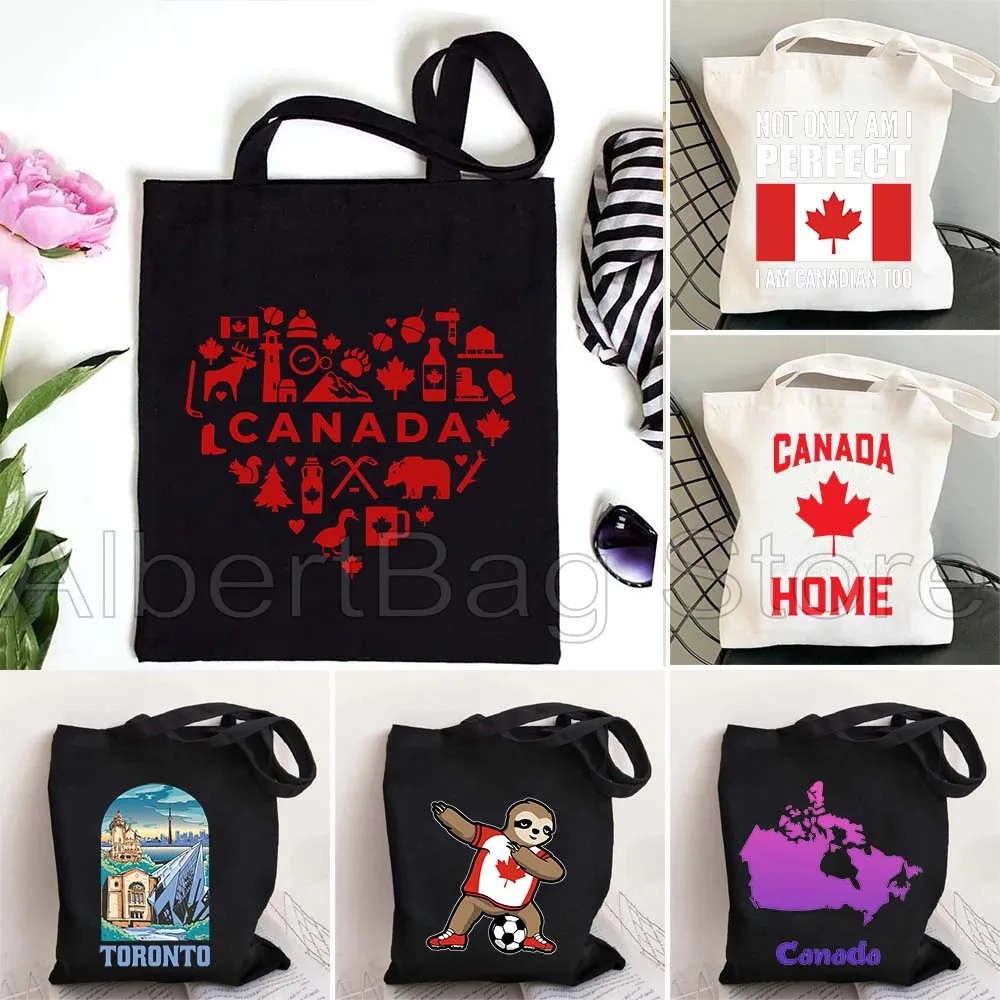 

Canada Map Flag Happy Canadian Girl Toronto Tourist Gifts Women Men Canvas Tote Bag Harajuku Shoulder Shopper Reusable Handbag