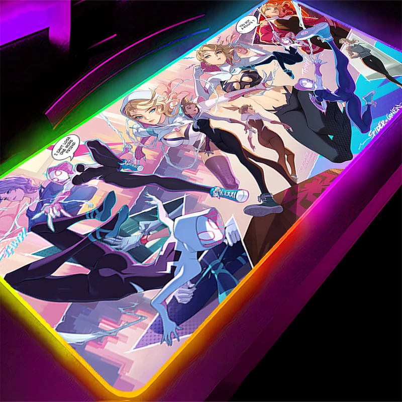Anime Gaming Speed Mauspad LED Spider-Woman Gwen Gamer XXL Laptop Mauspad Hintergrundbeleuchtung Tastatur Mousepad RGB Computer Schreibtisch Matte