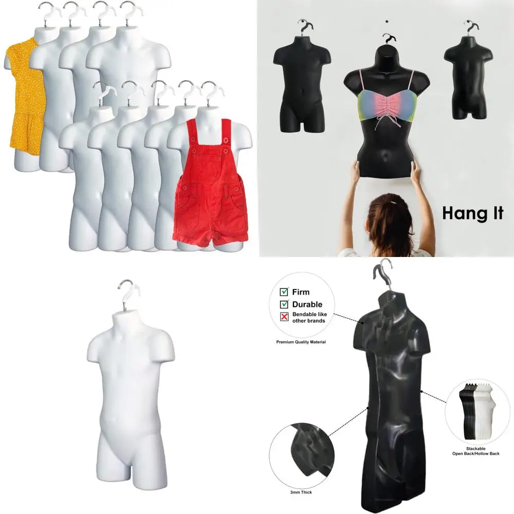 

White Child Torso Dress Forms, 10 Pack, Hollow Back, Stackable with Hanging Hook for T-Shirt Display and Countertop Use