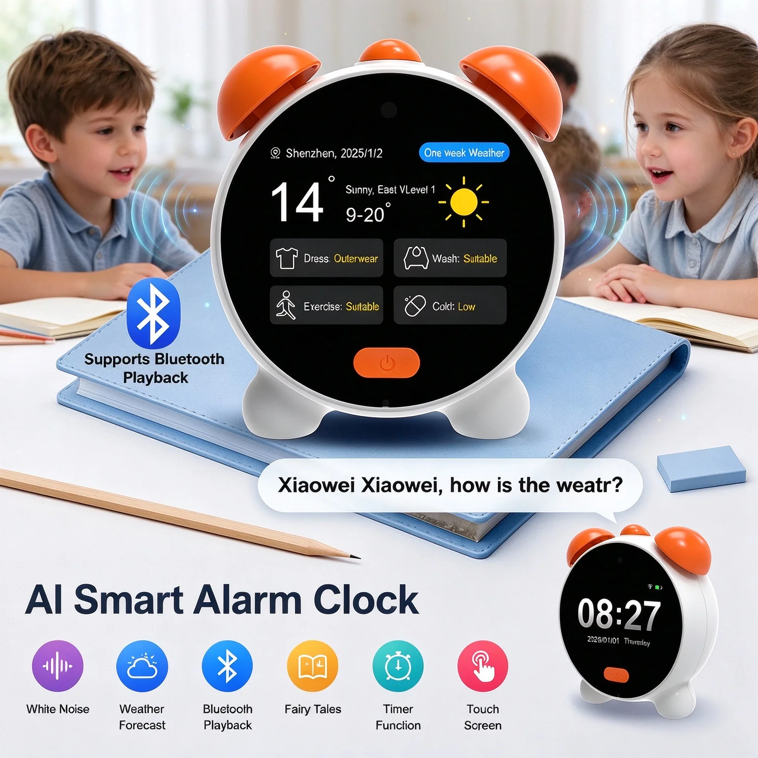 Smart AI Alarm Clock Ok to Wake for Kids Time Manager Sleep Training with White Noise Fairy Tales Touch/Voice Control Clock