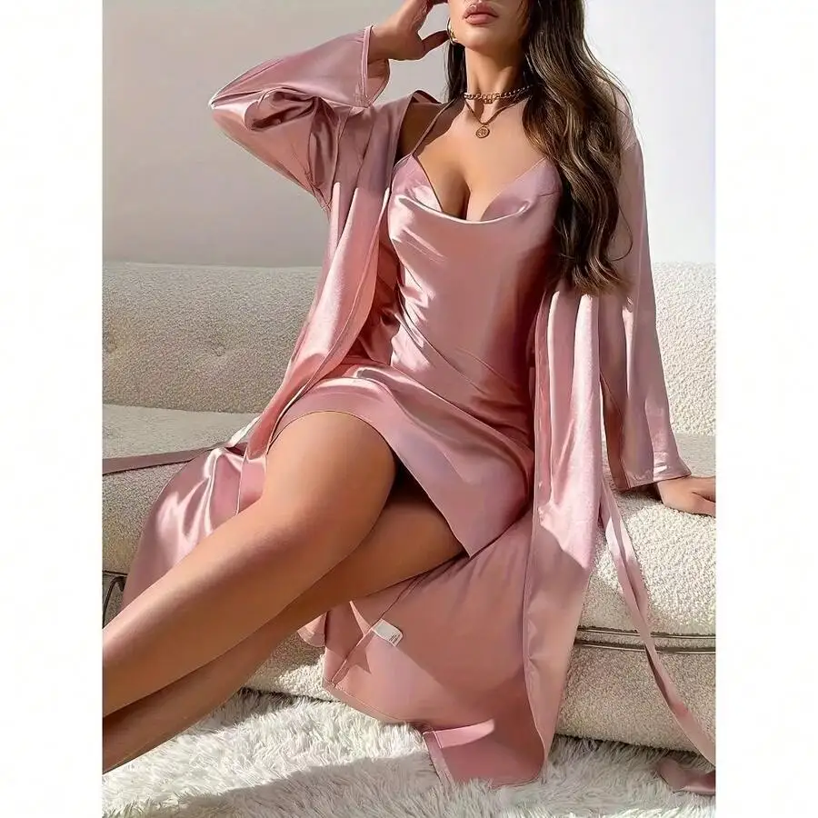

Women Satin Slip Dress And Robe 2pcs Set Elegant Loungewear Sleepwear