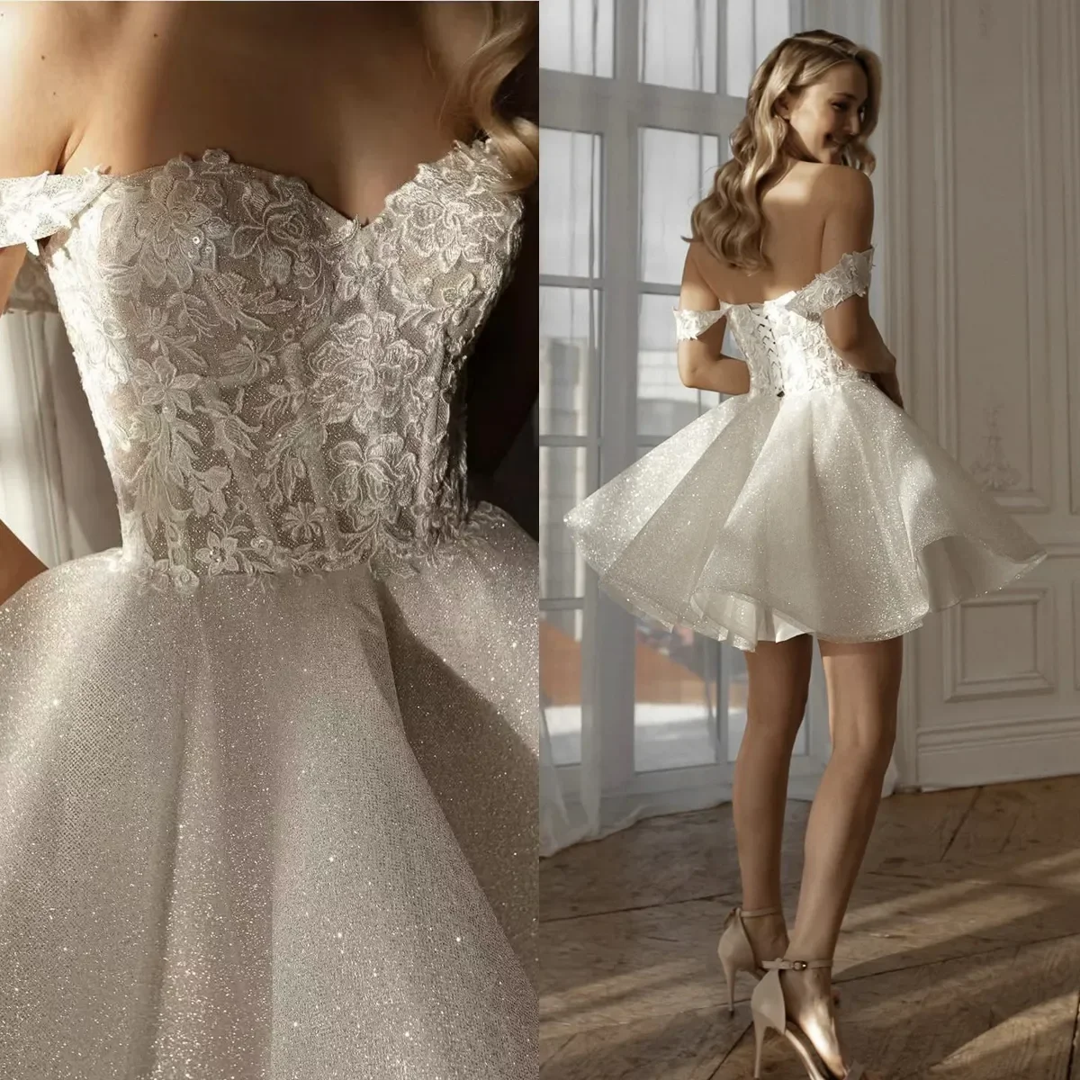 

Customized Sexy Mini Short Sequin Wedding Dress Lace Applique Sweetheart Off-The-Shoulder Garden Bridal Dress Vestido De Novia