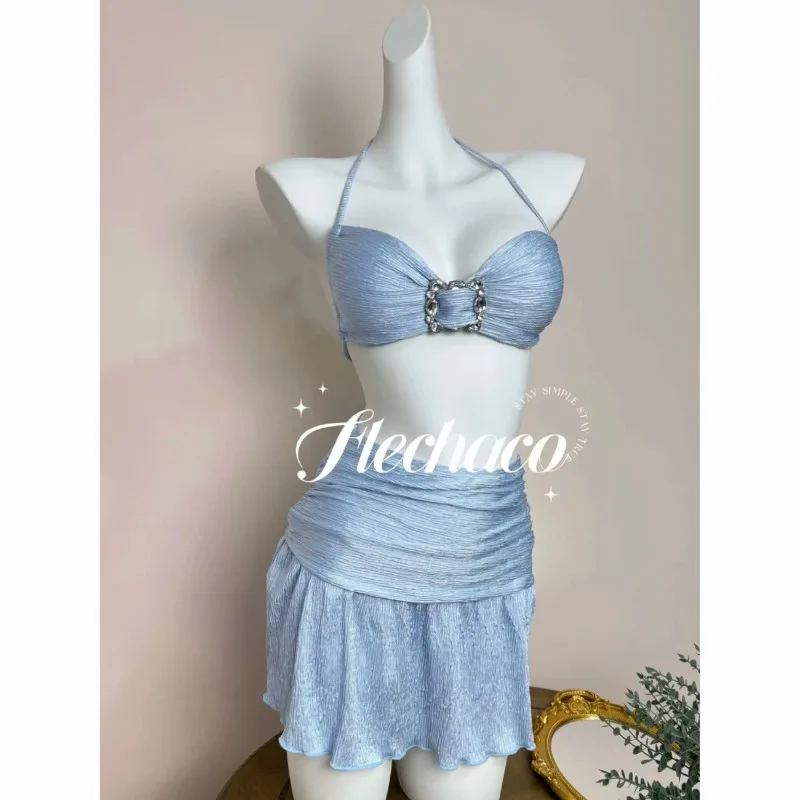 Women Light Blue Rhinestone Halter Bikini 3Pcs Ruched Skirt Swimsuit Beach Vacation