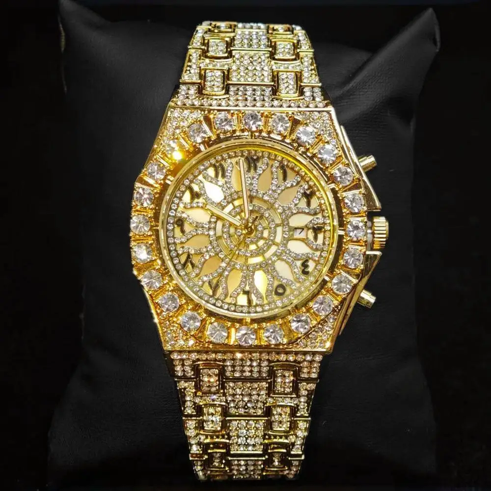 

2025 Новые модные часы для мужчин, роскошные золотые блестящие мужские часы Iced Out Diamond, хип-хоп, кварцевые часы с арабскими цифрами и бриллиантовым циферблатом
