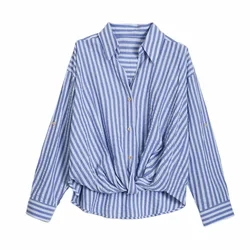 Zach Ailsa 2024 Autumn New Product Women's Casual Lapel Curled Long sleeved Casual Linen Blended Striped Knot Shirt