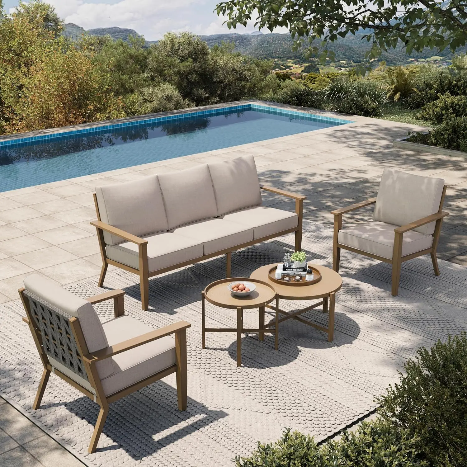

Patio Furniture Set 5-Piece, All-Weather Metal Outdoor Conversation Set With Wood Grain Finish, 2 X Leg Chair, 1 X, Customized