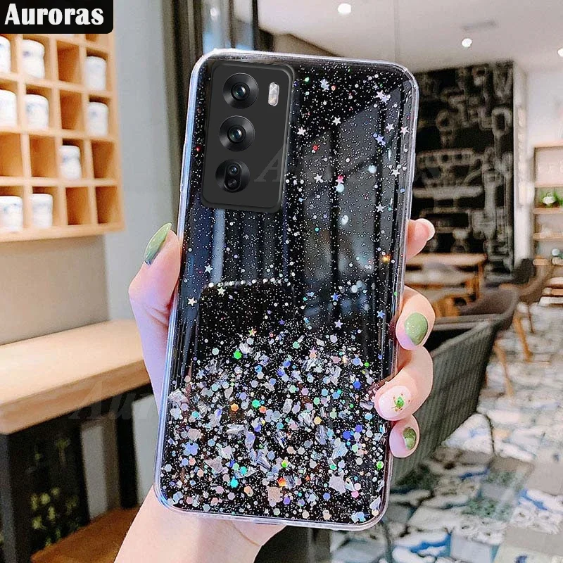 Case For OPPO Reno 12 Pro 5G Solid Color Clear Glitter Sequins Shockproof Bumper Cover For OPPO Reno 12F 4G/5G Shell