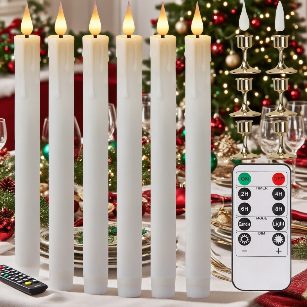 

Мерцающие светодиодные конические свечи с дистанционным таймером и держателем лампы, 3D свеча с пламенным окном, подсвечник для Хэллоуина, Рождества, домашнего декора