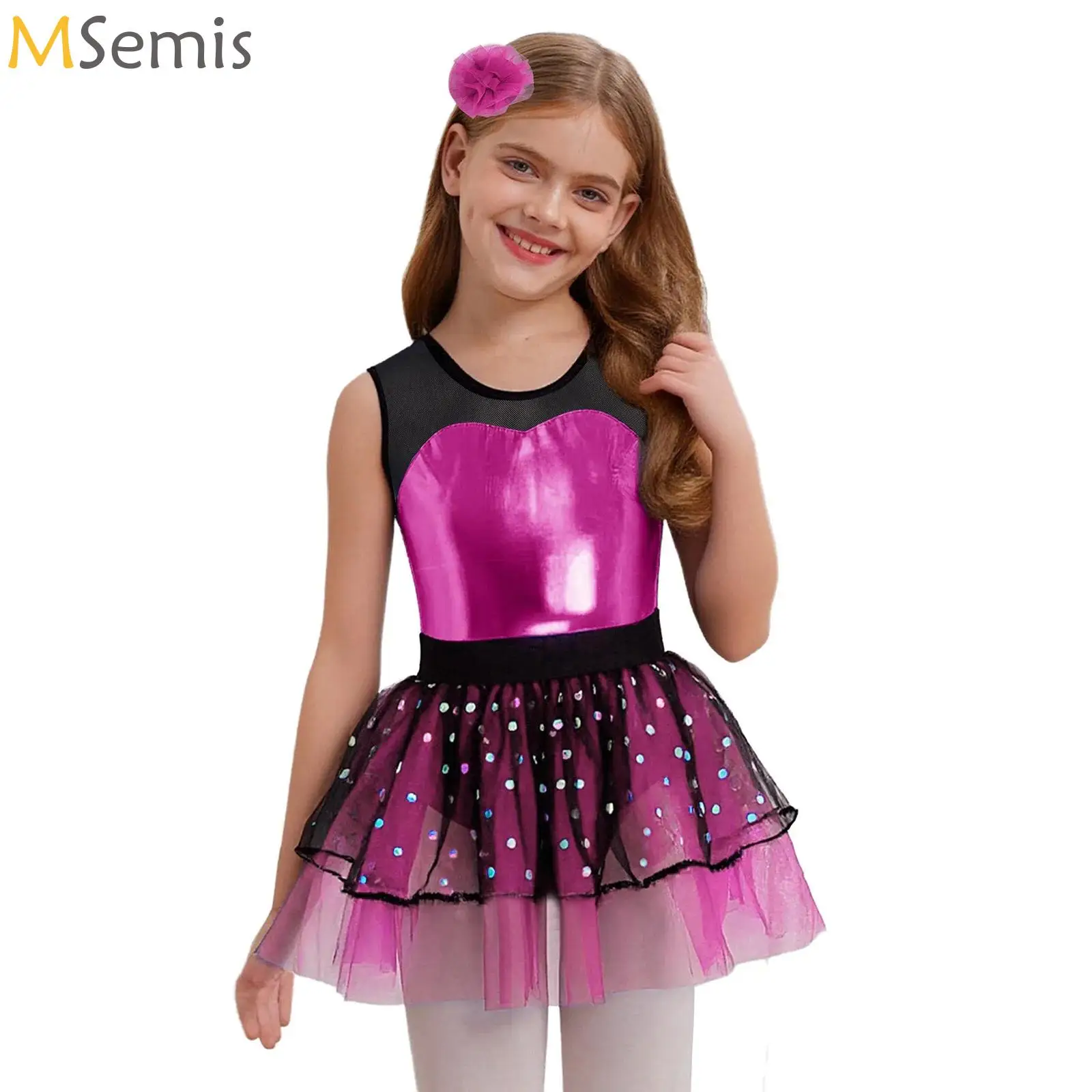 

Kids Girl Children Sleeveless Sheer Mesh Metallic Bodice Ballet Dance Tutu Dress with Headwear for Dance Party Stage Performance