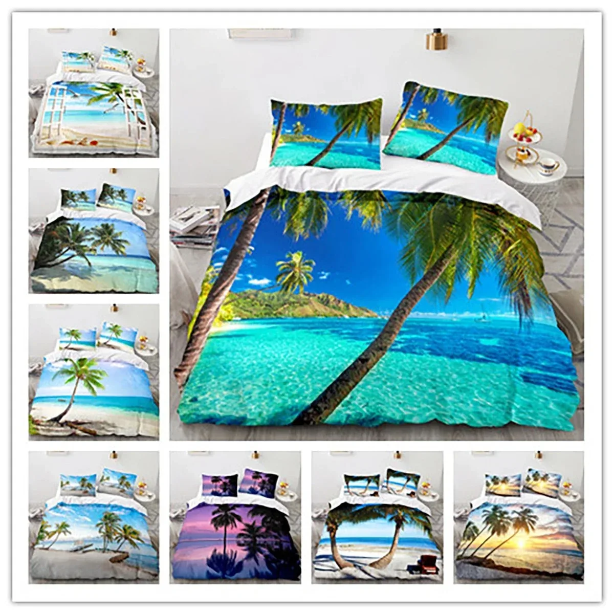 

3D Printed Sea View Coconut Bedding Set Pillowcase Duvet Cover Double Twin Full Queen King Adult Kids Bedclothes Quilt Cover