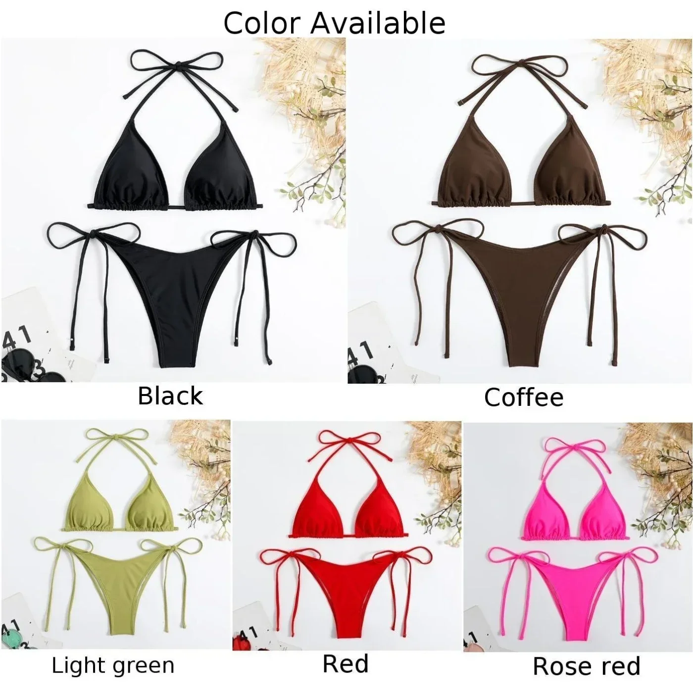 Sexy Women G-string Thong Solid Color Bikini Set Halter Tie Swimsuit Swimwear