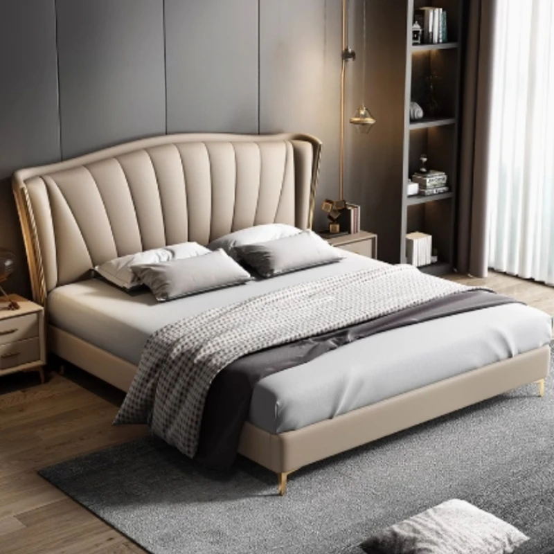 Pretty King Size Frame Double Bed Wooden Nordic Room Queen Luxury Double Bed Leather Modern Letto Matrimoniale Bedroom Furniture