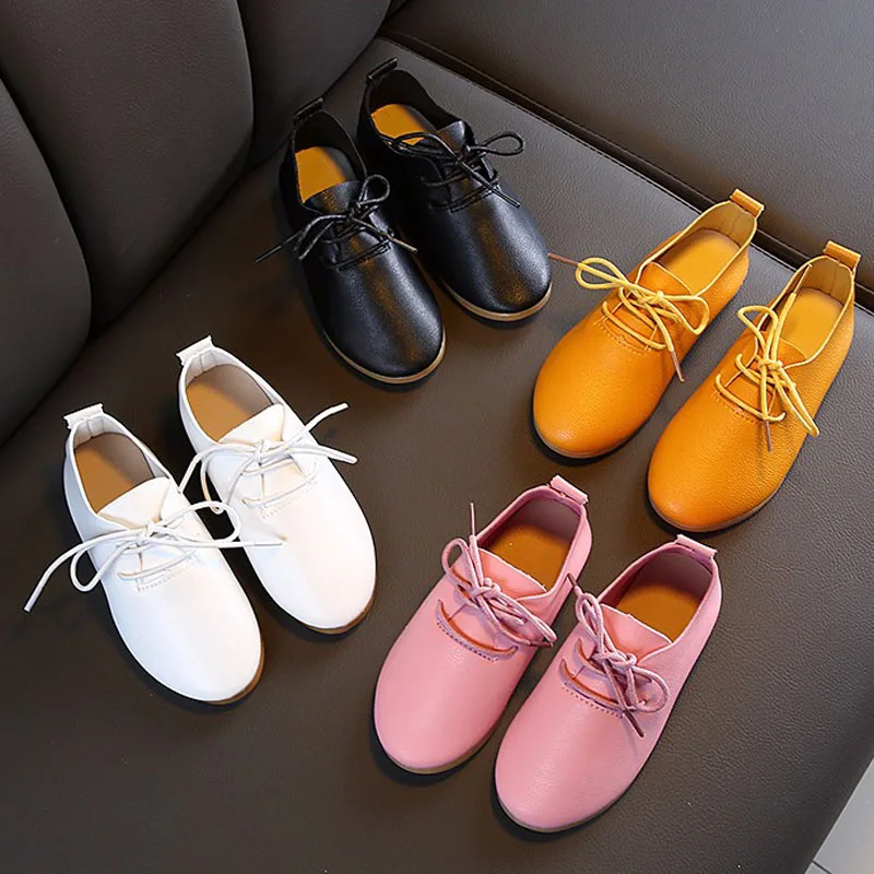 Kids Princess Lace Up Sneakers Black Pink Flats Girls Shoes Spring Fashion Children's Soft Comfortable Leather Shoes CSH1469