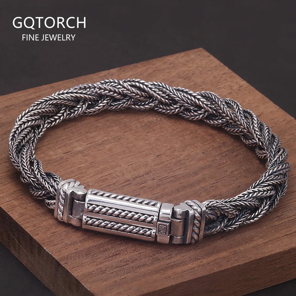 

22cm Genuine S925 Silver Twisted Bracelet for Men Hand-woven Foxtail Chain Vintage Retro Punk Stylish Jewelry