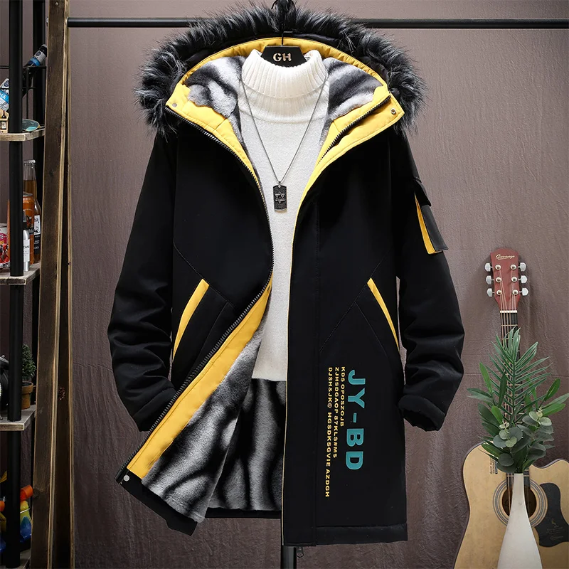 Winter Warm Coats Men High Quality Hat Wool Collar Long Cotton Jacket Man Velvet Thick Warm Cotton Men\'s Fashionable Coat