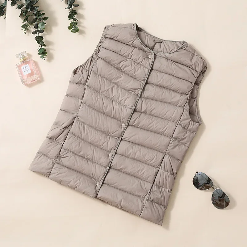 Plus Size Down Vest Liner Women\'s Lightweight 2024 New Down Jacket Short Vest Collarless Light Round Neck Waistcoat