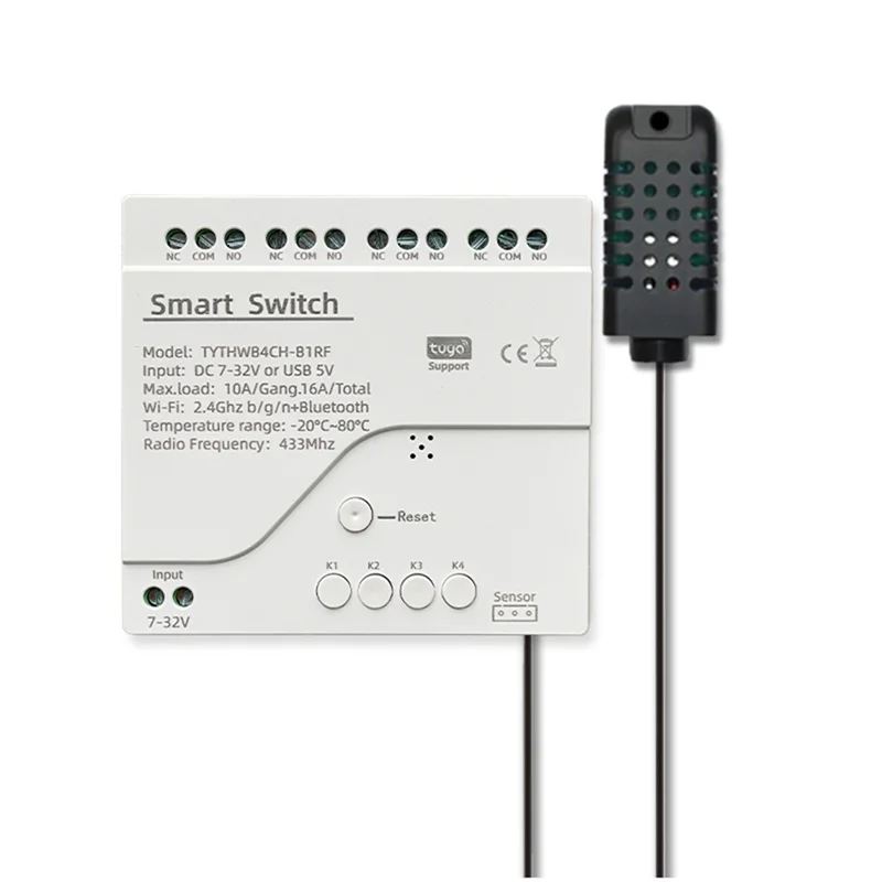 

AA08-Tuya Wi-Fi DC 7-32 В 4-канальный интеллектуальный переключатель с датчиком температуры и влажности, пассивный модуль сухого контакта, работает с Smart Life