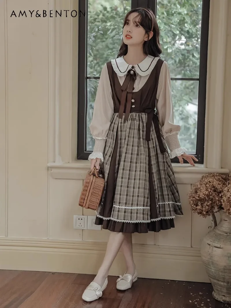 

2024 New Japanese Autumn Retro Fake Two Pieces Lolita Cute Sweet College Style Thin Dress For Women