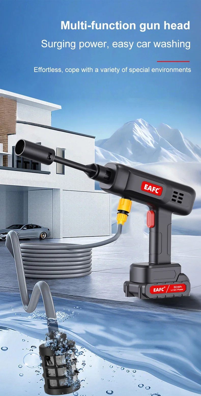 Leistungsstarker wiederaufladbarer elektrischer Akku-Hochdruckreiniger mit 60 Bar, wiederaufladbare Wasserpistole für Auto, Haus und Garten – Detail 2