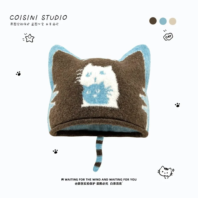 Niedliche Katzen-Jacquard-Strickmütze für Herbst und Winter, Modische und Warme Ohrenschutz-Katzenohr-Beanie-Mütze für Frauen – Detail 1