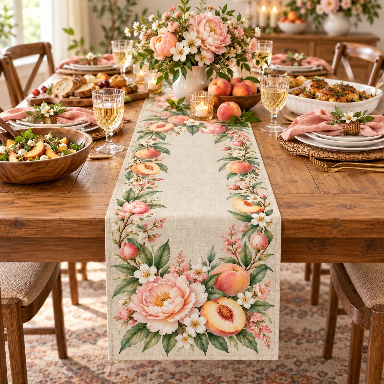 Peach Floral Wedding Table Runner Rustic Fruit Table Flag Farmhouse Dining Table Decor Party Home Kitchen Decoration