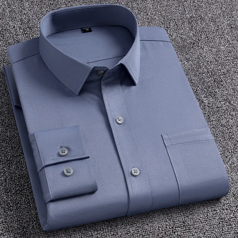 New Men\'s Dress Shirt Fashion With Left pocket No ironing Wrinkle Resistant Classic Solid Color Business Formal Social Shirt 5XL