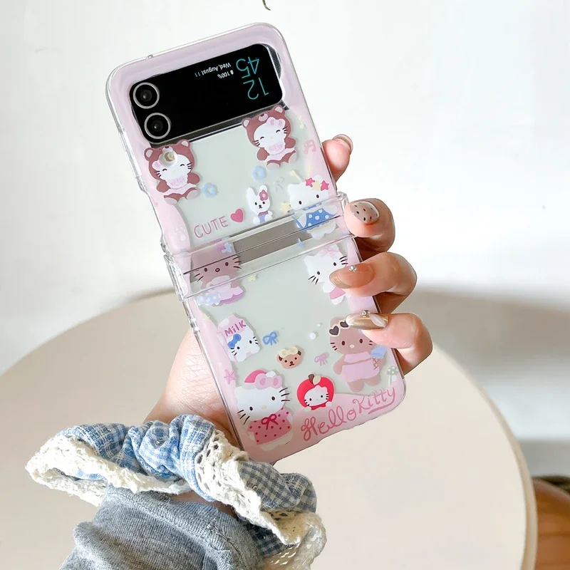 귀여운 만화 산리오 헬로키티 스탠드 홀더 폰 케이스 삼성 갤럭시 Z 플립 7 6 5 4 케이스 투명 소프트 TPU 커버 끈 포함