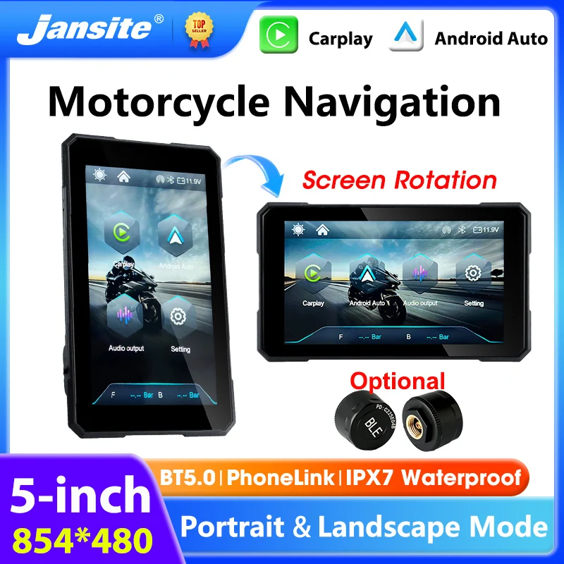 

5" Portable Digital Motorcycle Monitor Wireless CarPlay Android Auto Dashboard GPS Navigation Removable Display IPX7 Waterproof