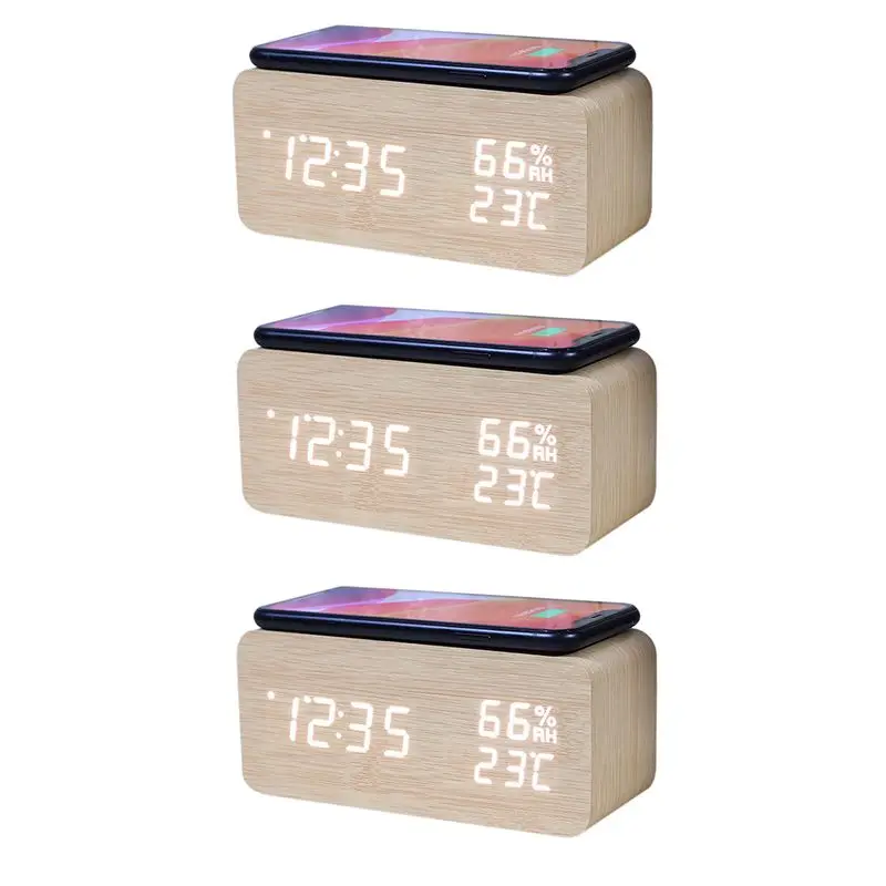 SDFC-2X Digital Alarm Clock, Temperature And Humidity Alarm Clock LED Electronic Clock Smartphone Wireless Wood Color