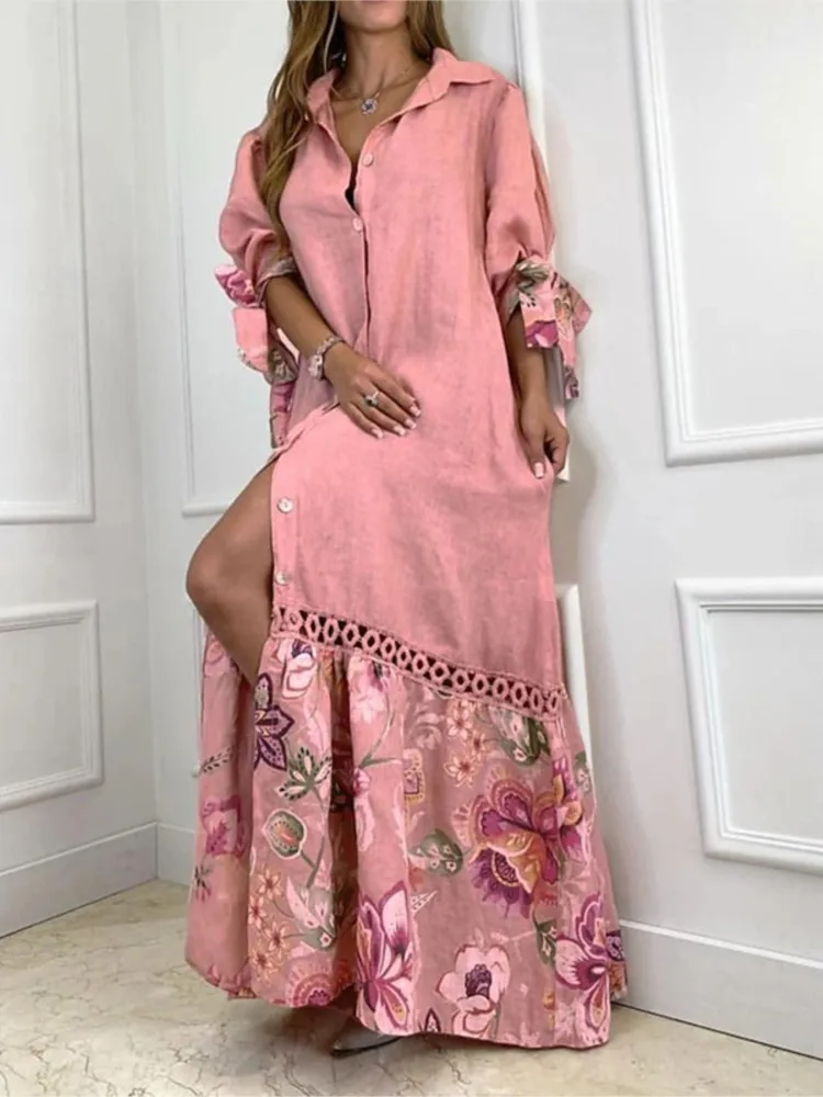 

Summer New Cotton And Linen Fashion Stitching Tie 7-piece Sleeve Shirt-style Long Dress Comfortable Casual Loose Long Skirt