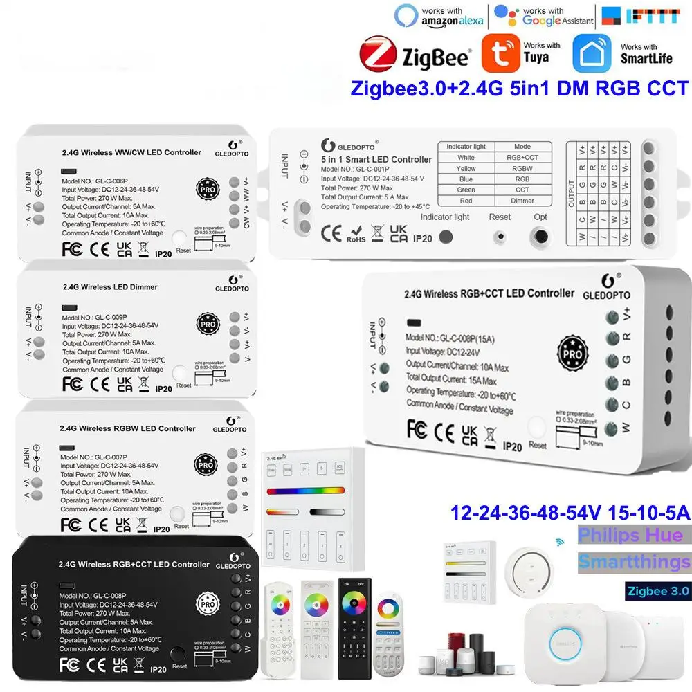 

Умный контроллер светодиодных лент GLEDOPTO Zigbee 3.0 RGBCCT Pro, совместимый с концентратором, приложение Tuya SmartThings, 2,4G, радиочастотный пульт дистанционного управления, голосовое управление
