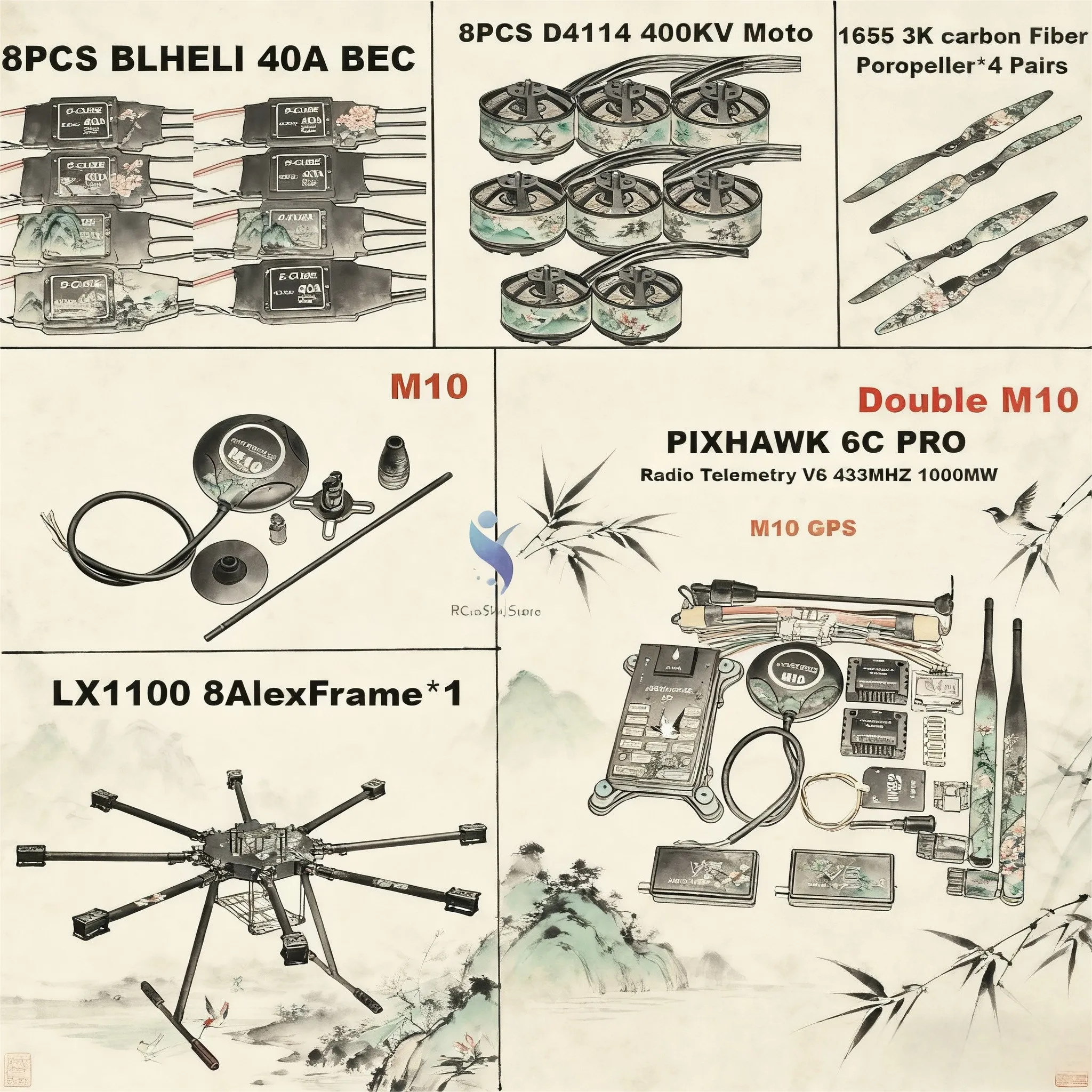 LX1100 フルカーボンファイバー オクタローターフレーム BLHELI 40A ESC PX4 PixHawk 6C PRO ダブルM8N/M9N/M10 フライトコントロールセット D4114モーター