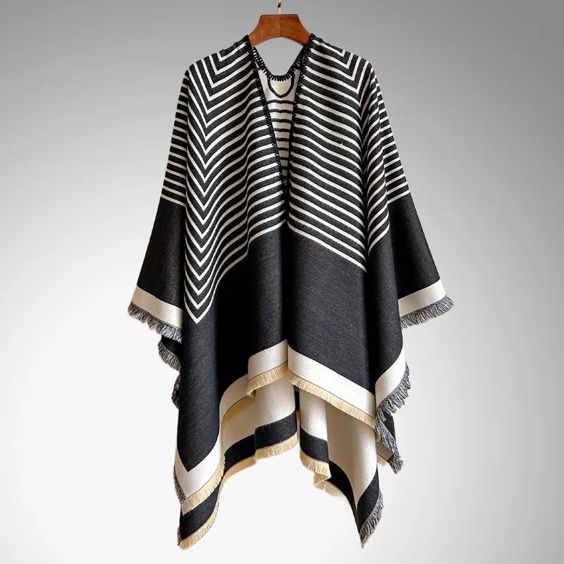 2025 nouvelle Cape rayure fendu vêtements d'extérieur femmes Cape chaude fausse écharpe en cachemire automne/hiver courte frange châle Poncho P2