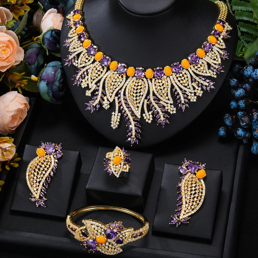 Siscathyy Nigerian Indian Luxury Full Micro Zircon Leaf Necklace Wedding Celebration Jewelry Set For Women Bride Engagement