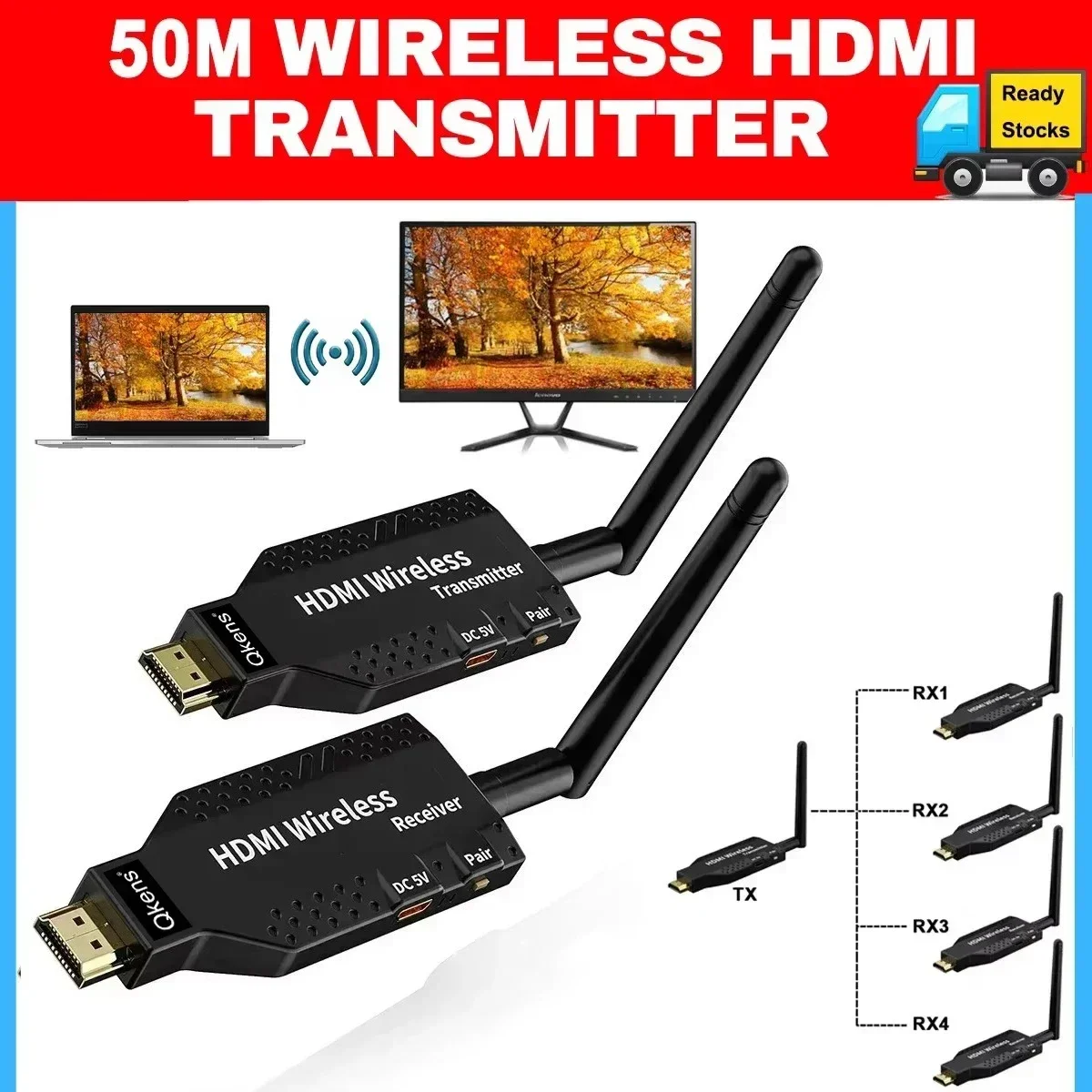 50m Wireless HDMI Extender Same Screen Display Adapter Video Transmitter Receiver Share for PS4 Camera Laptop PC To TV Projector