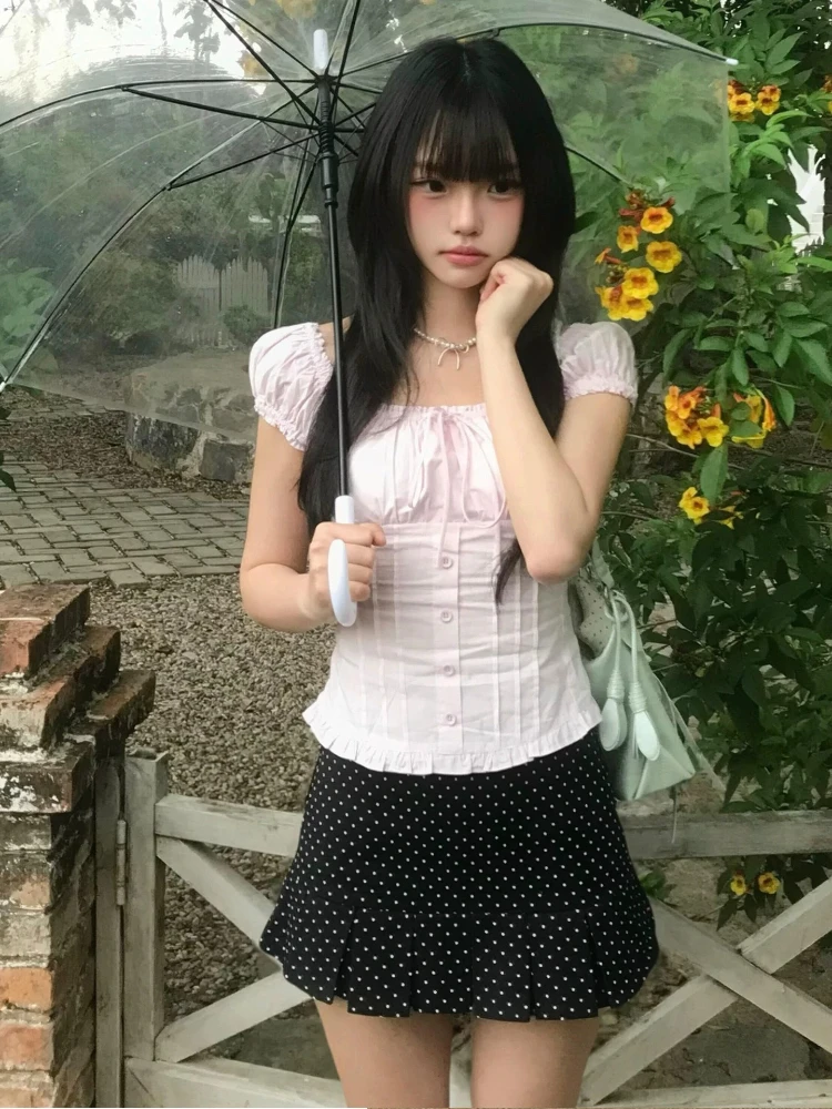 

Suit Women's 2026 Summer New Sweet Cute Korean Design Sense Short-sleeved Shirt High Waist Polka-dot Skirt Two-piece Set Female