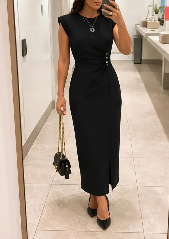 

Women's Dress New Sleeveless Side Slit Shoulder Pads Ruched Button Waist Pencil Dress Elegant Business Gown Mid-Length Dress