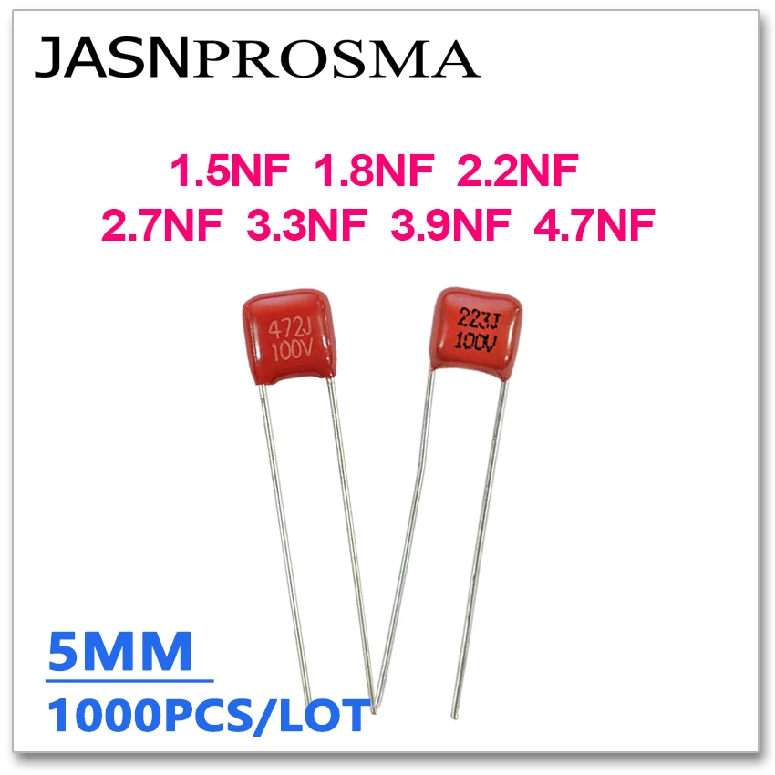 

JASNPROSMA CBB capacitor pitch 5MM 100V 1000PCS 1.5NF 1.8NF 2.2NF 2.7NF 3.3NF 3.9NF 4.7NF 152J 182J 222J 272J 332J 392J 472J 5%