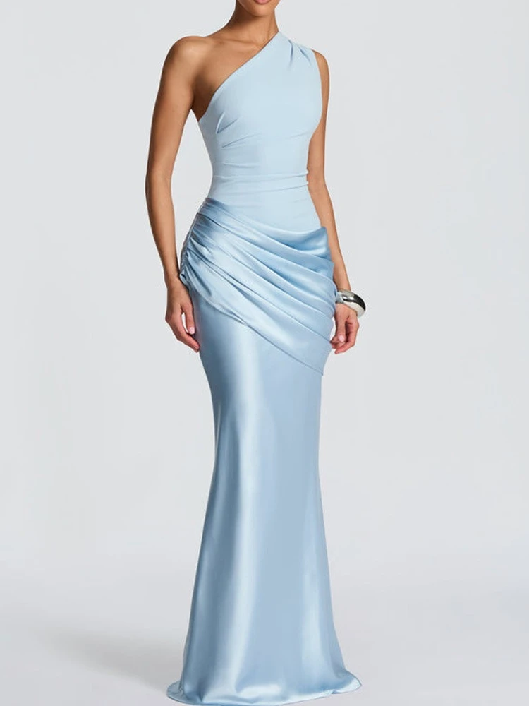 FDYOUI Abito da festa lungo da donna chic con colletto diagonale e monospalla, elegante abito da sera asimmetrico increspato senza maniche