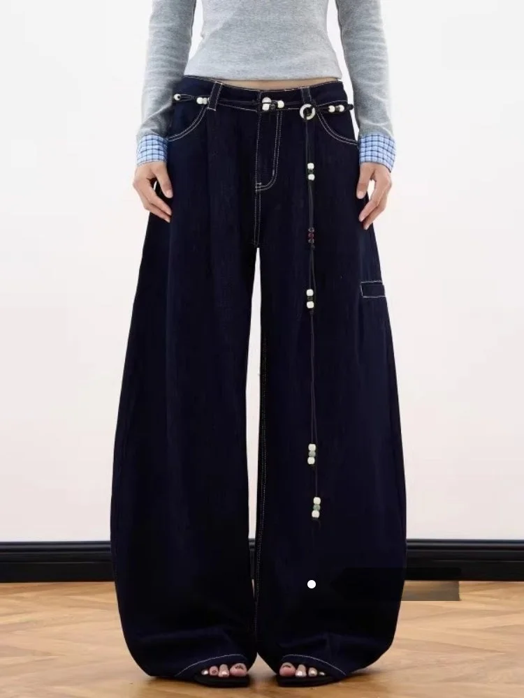 

Deep Blue Waed Wide Leg Denim Jeans Women's Winter New Design Loose Lazy Belted Floor-Length Pants Casual Sle l Waist