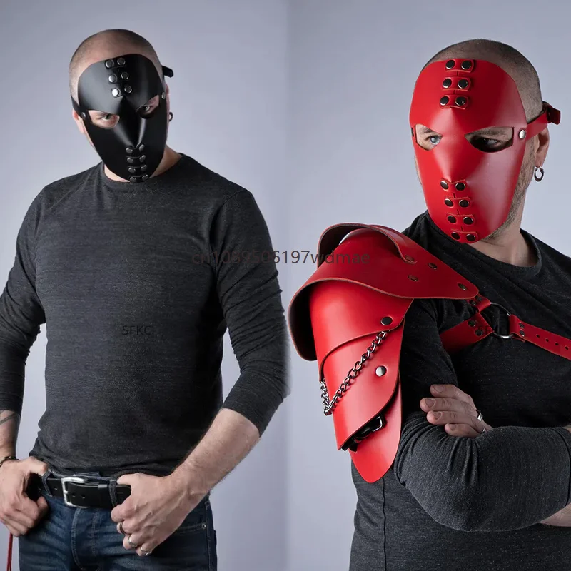 Black Gothic PU Leather Full Face Mask Punk Rock Adjustable Red Mask Masquerade Cosplay Costume Performance Props Adult Unisex