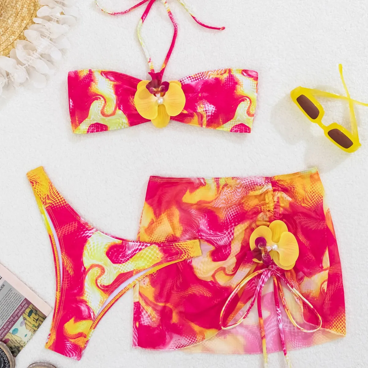 3-częściowy strój kąpielowy typu bikini z krótką spódniczką, seksowny damski kostium kąpielowy Mirco, wysoko wycięty strój kąpielowy Biquini, damski strój plażowy z nadrukiem, model 2026