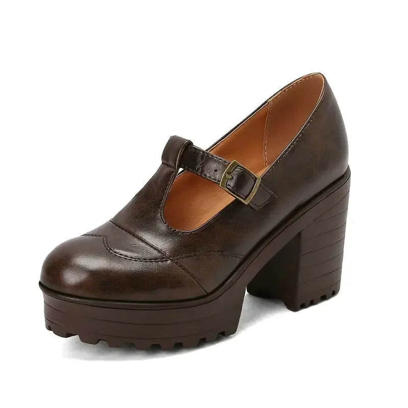 

Brogue Design Ladies Spring Fall Shoes Buckle T-strap Mary Janes Burgundy Brown Color Platform Chunky High Heels Women Pumps